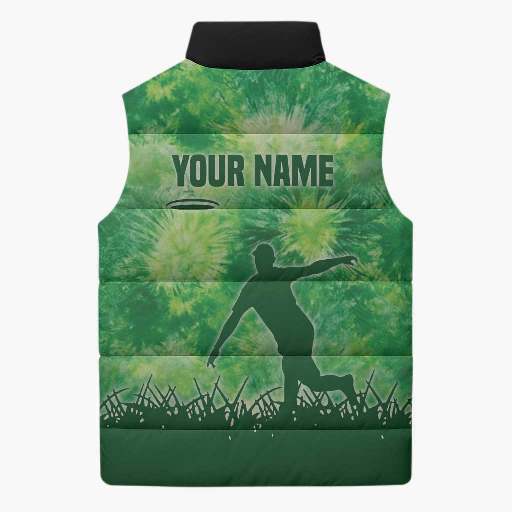 Custom Disc Golf Sleeveless Puffer Jacket with Green Tie Dye Basket and Player Silhouette - Wonder Print Shop