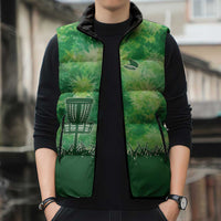 Custom Disc Golf Sleeveless Puffer Jacket with Green Tie Dye Basket and Player Silhouette - Wonder Print Shop