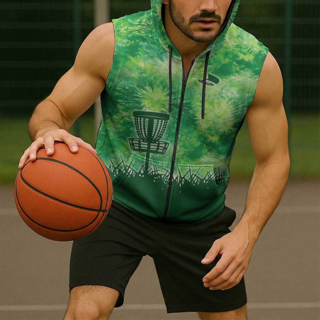 Custom Disc Golf Sleeveless Zip Hoodie with Green Tie Dye Basket and Player Silhouette - Wonder Print Shop