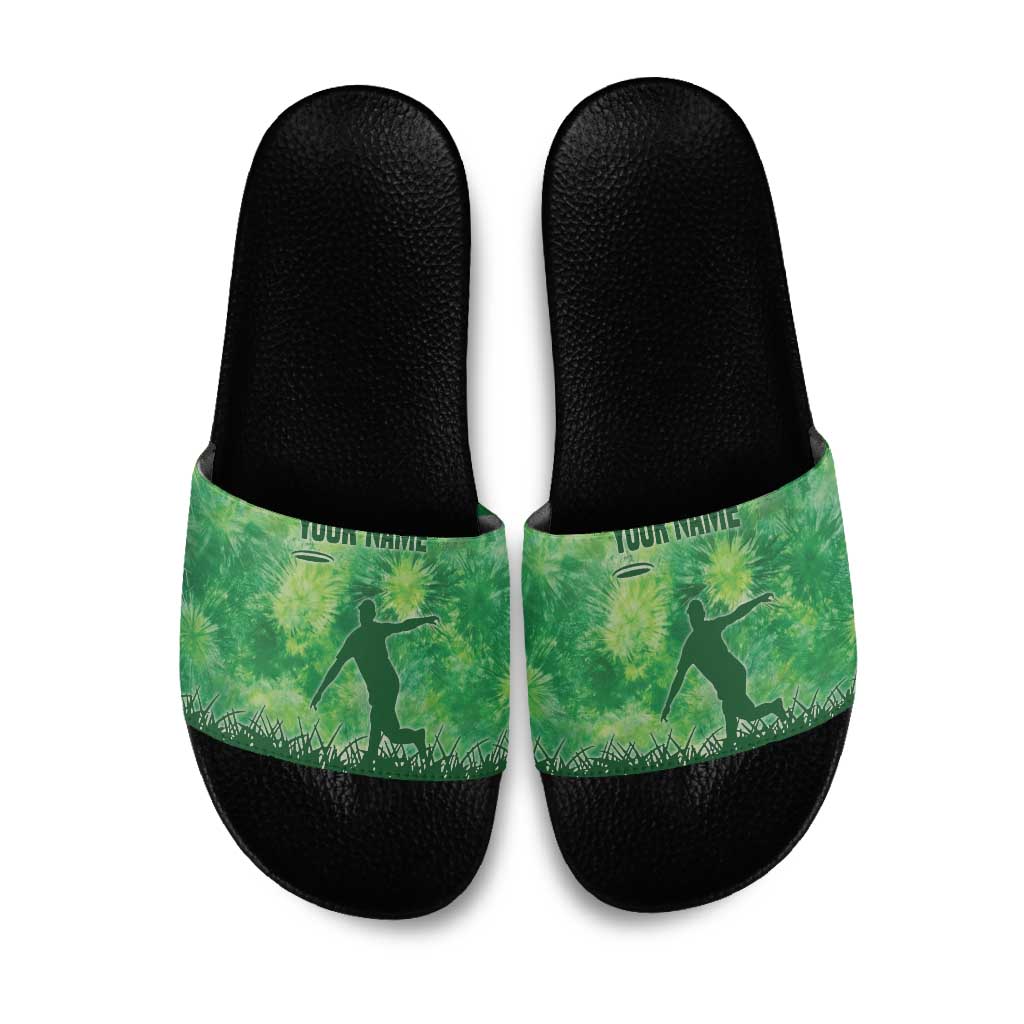 Custom Disc Golf Slide Sandals with Green Tie Dye Basket and Player Silhouette - Wonder Print Shop