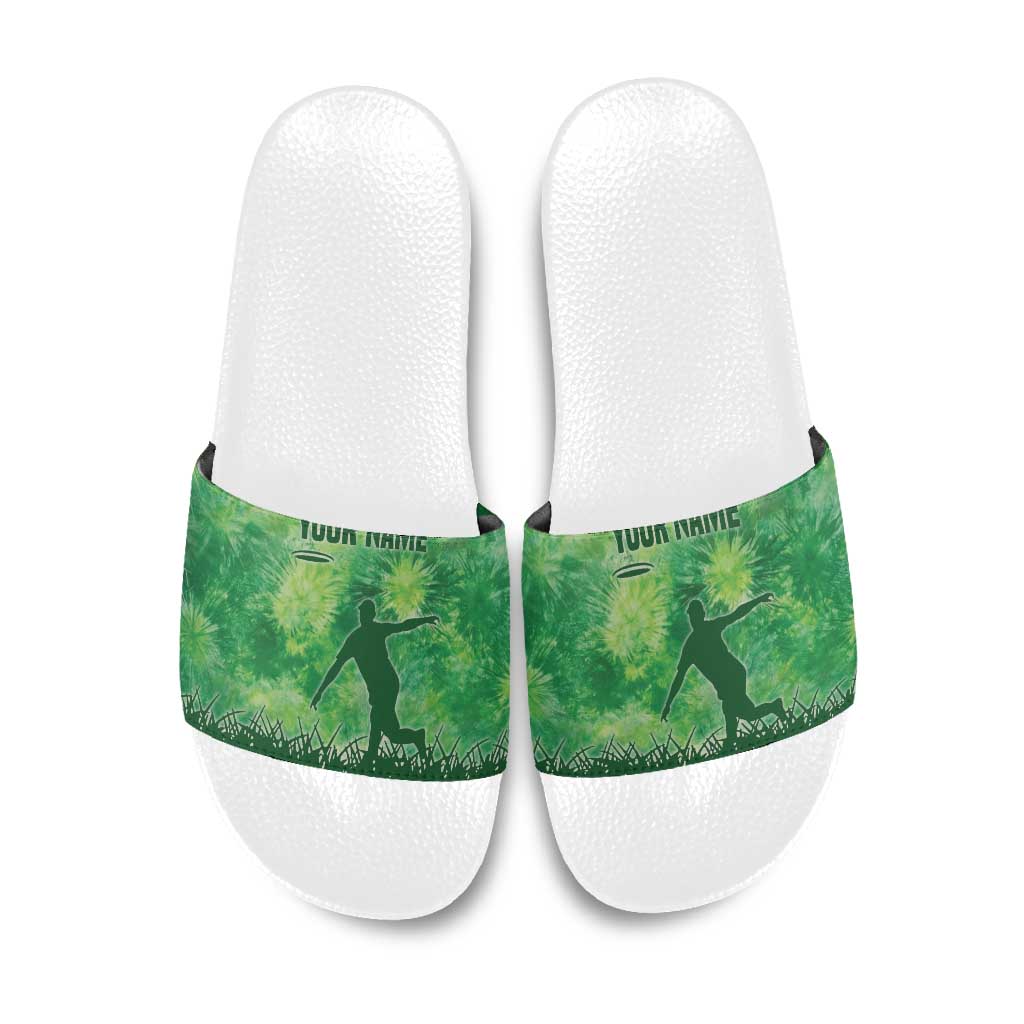 Custom Disc Golf Slide Sandals with Green Tie Dye Basket and Player Silhouette - Wonder Print Shop