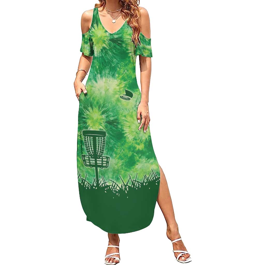 Custom Disc Golf Summer Maxi Dress with Green Tie Dye Basket and Player Silhouette - Wonder Print Shop