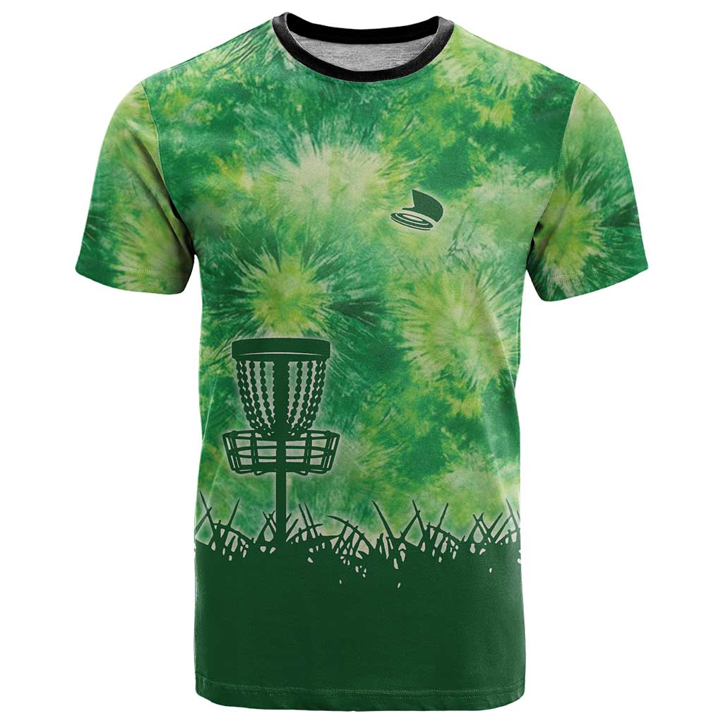 Custom Disc Golf T Shirt with Green Tie Dye Basket and Player Silhouette - Wonder Print Shop