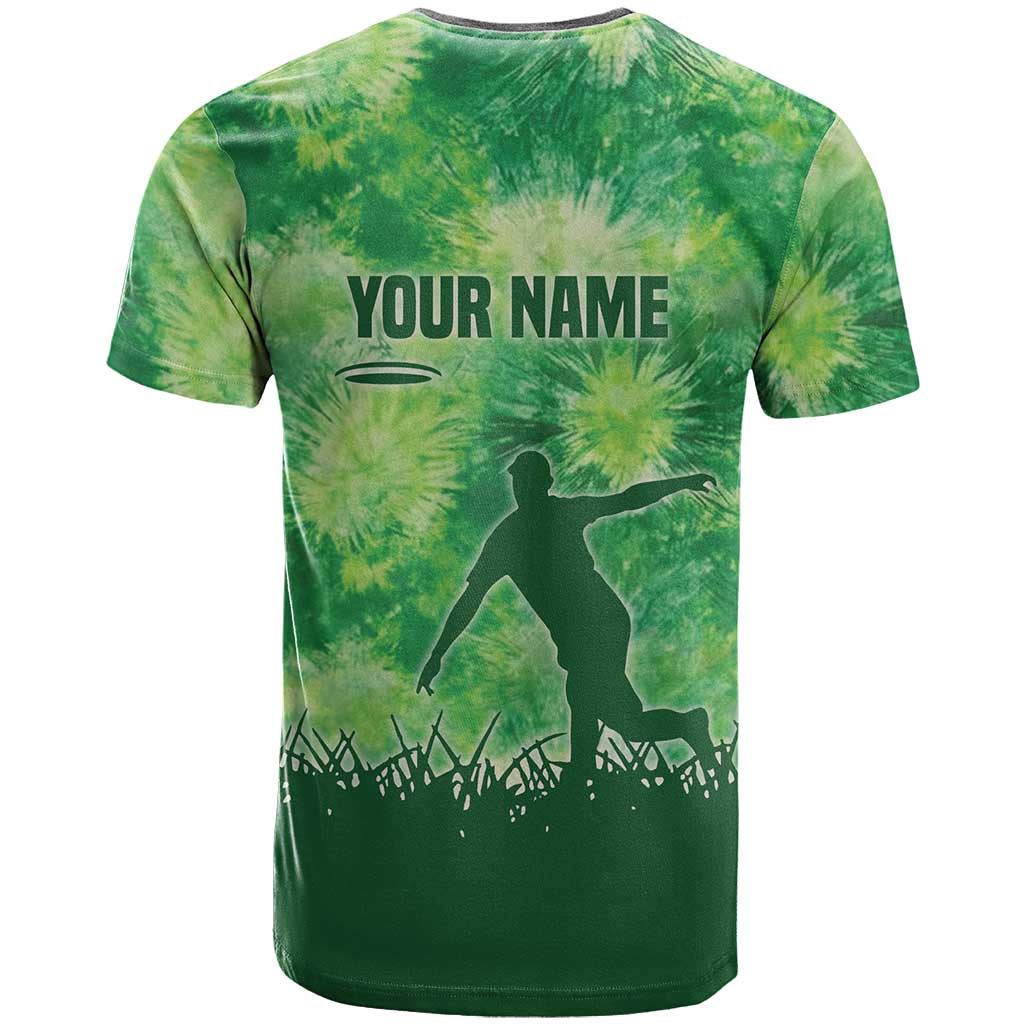 Custom Disc Golf T Shirt with Green Tie Dye Basket and Player Silhouette - Wonder Print Shop
