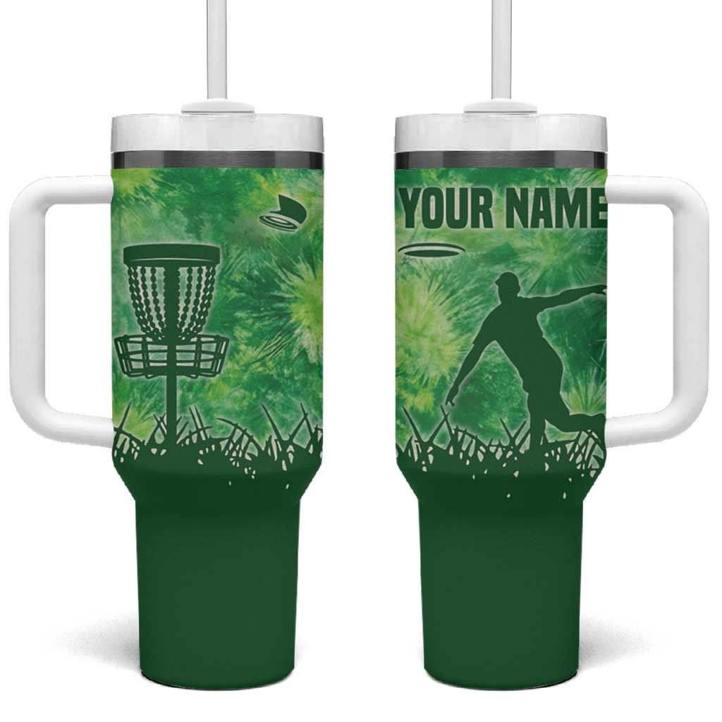 Custom Disc Golf Tumbler With Handle with Green Tie Dye Basket and Player Silhouette - Wonder Print Shop