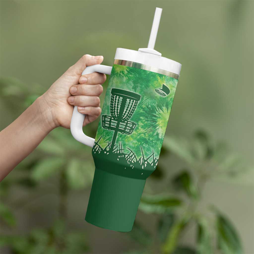 Custom Disc Golf Tumbler With Handle with Green Tie Dye Basket and Player Silhouette - Wonder Print Shop