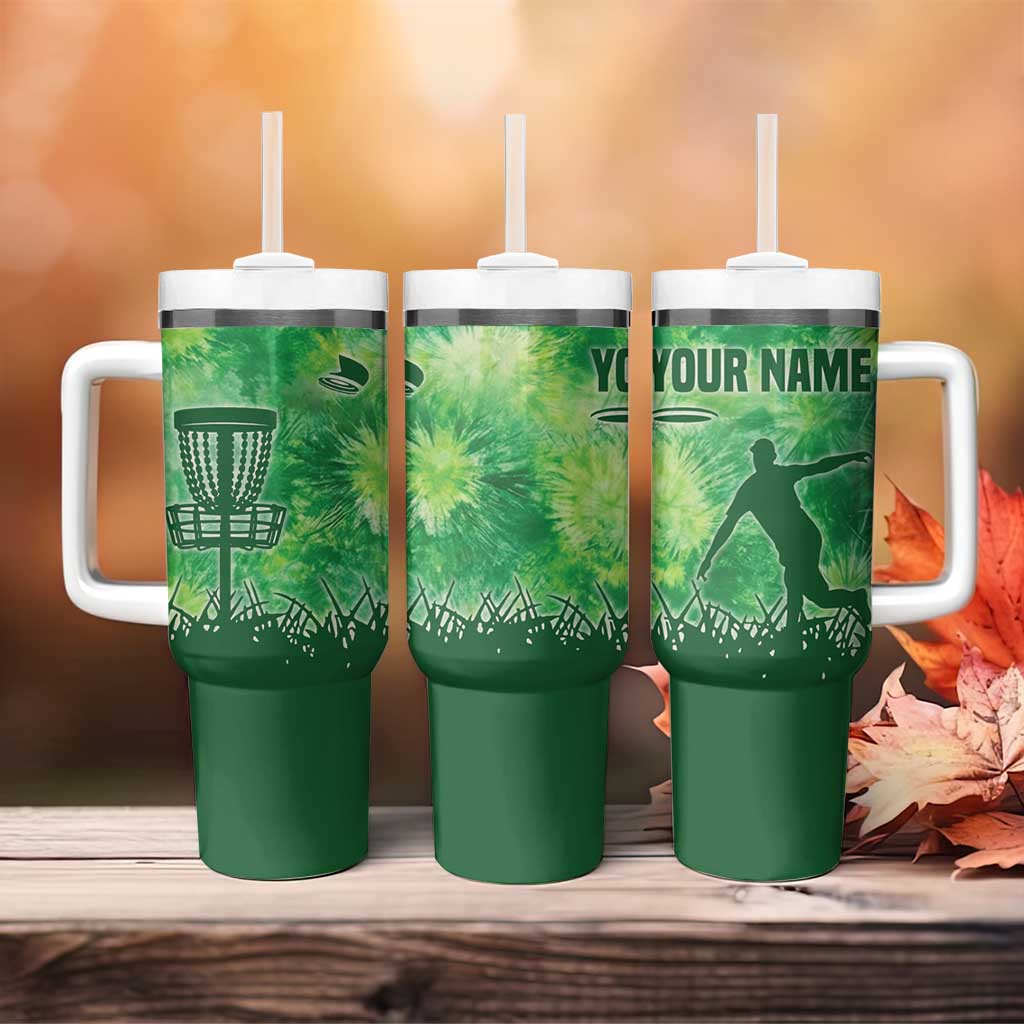 Custom Disc Golf Tumbler With Handle with Green Tie Dye Basket and Player Silhouette - Wonder Print Shop