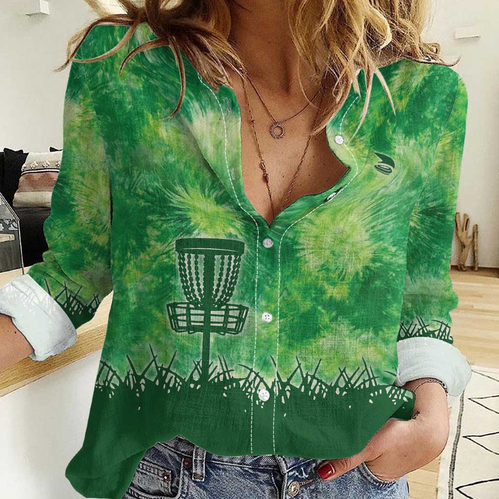 Custom Disc Golf Women Casual Shirt with Green Tie Dye Basket and Player Silhouette - Wonder Print Shop