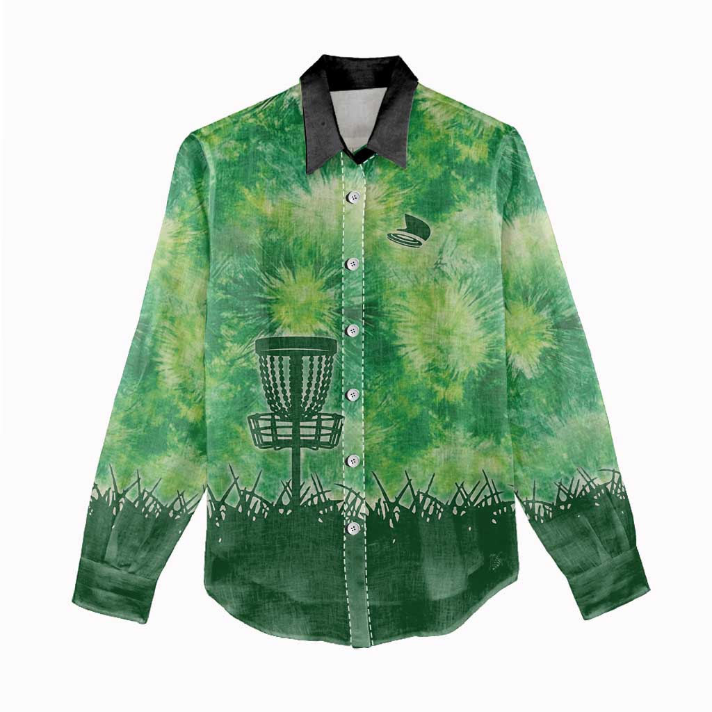 Custom Disc Golf Women Casual Shirt with Green Tie Dye Basket and Player Silhouette - Wonder Print Shop