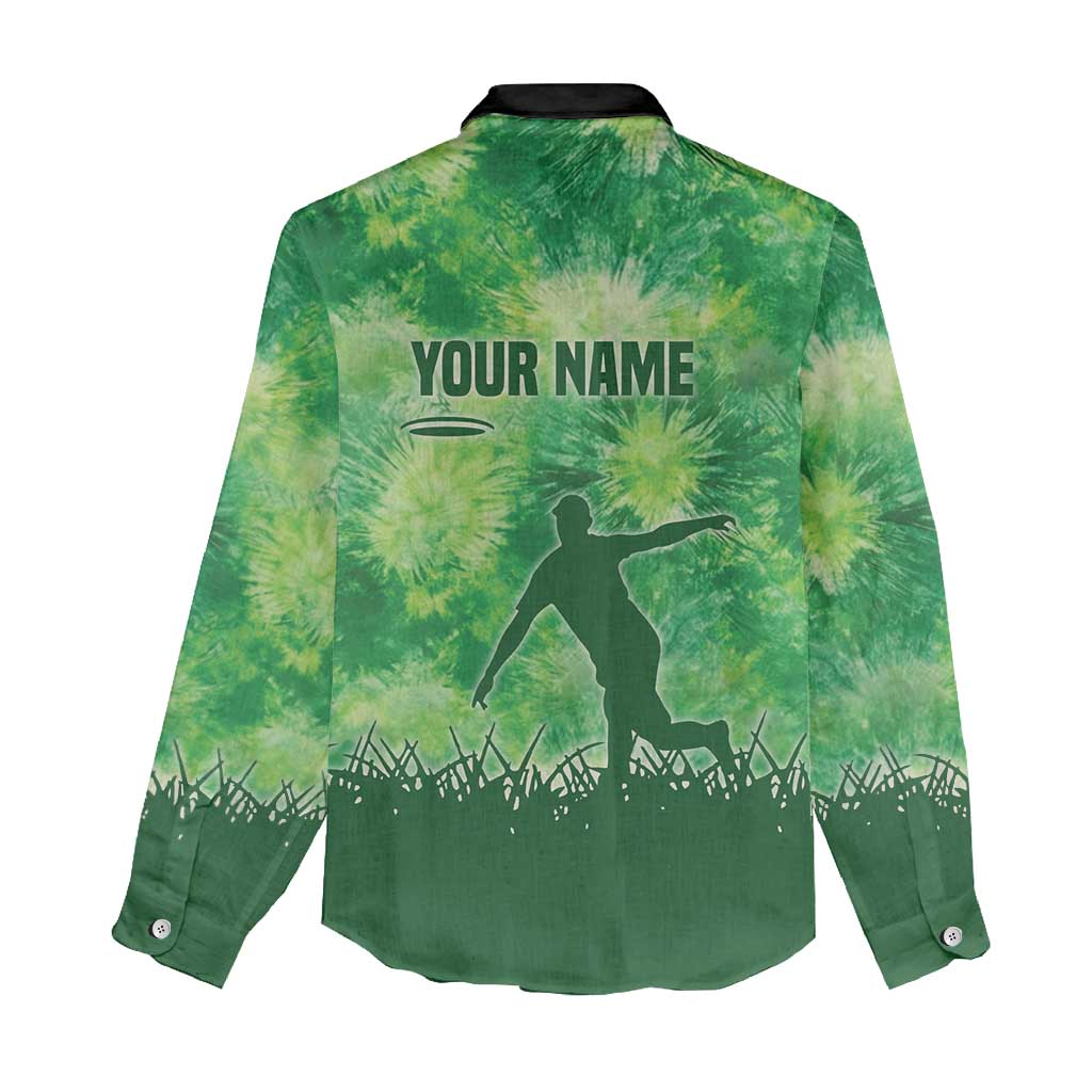 Custom Disc Golf Women Casual Shirt with Green Tie Dye Basket and Player Silhouette - Wonder Print Shop