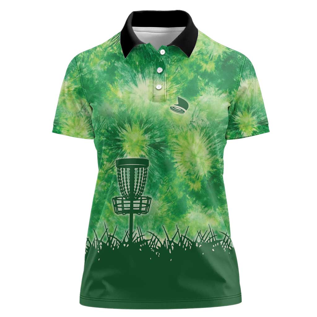 Custom Disc Golf Women Polo Shirt with Green Tie Dye Basket and Player Silhouette - Wonder Print Shop