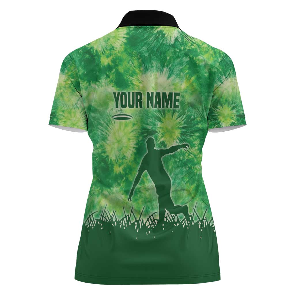 Custom Disc Golf Women Polo Shirt with Green Tie Dye Basket and Player Silhouette - Wonder Print Shop