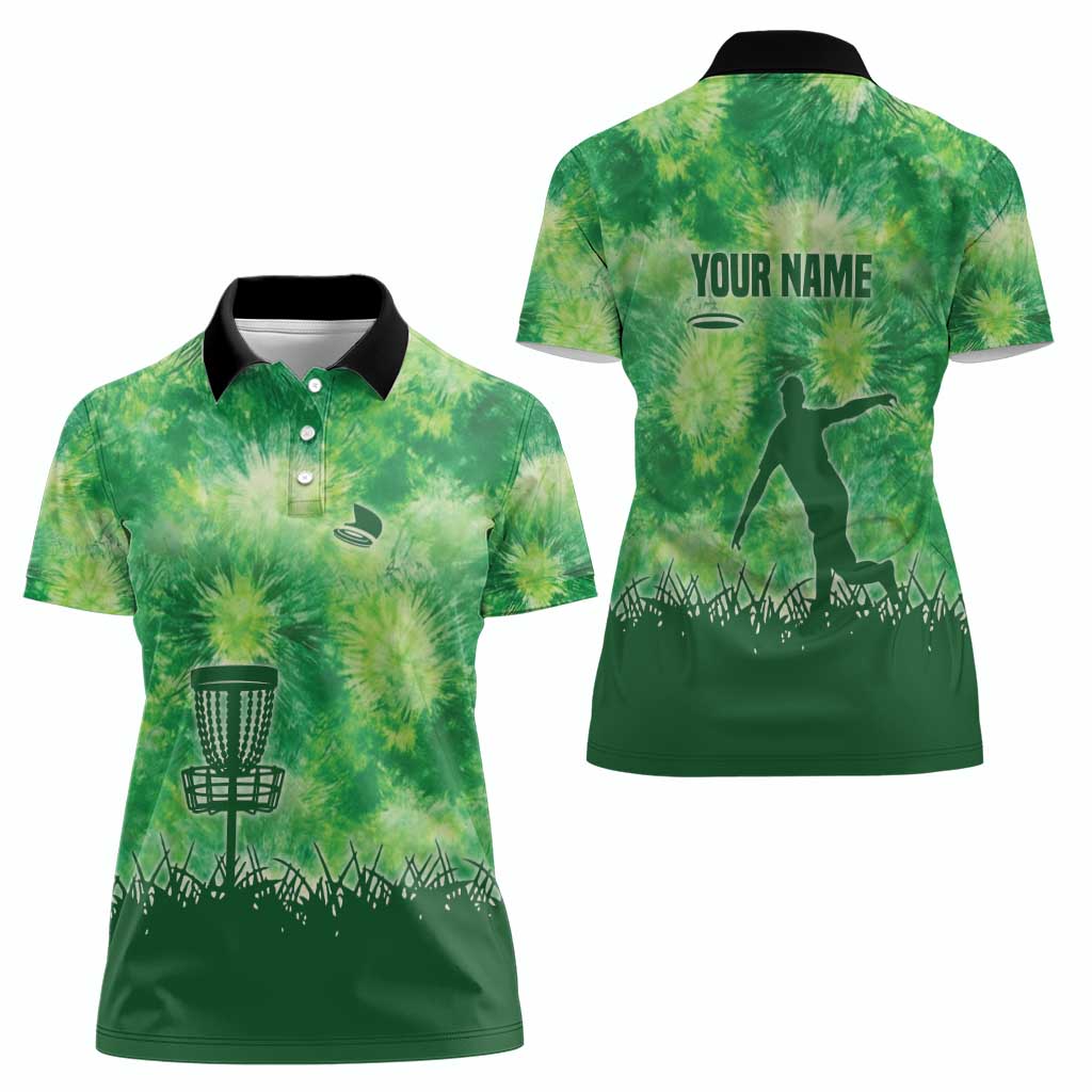 Custom Disc Golf Women Polo Shirt with Green Tie Dye Basket and Player Silhouette - Wonder Print Shop
