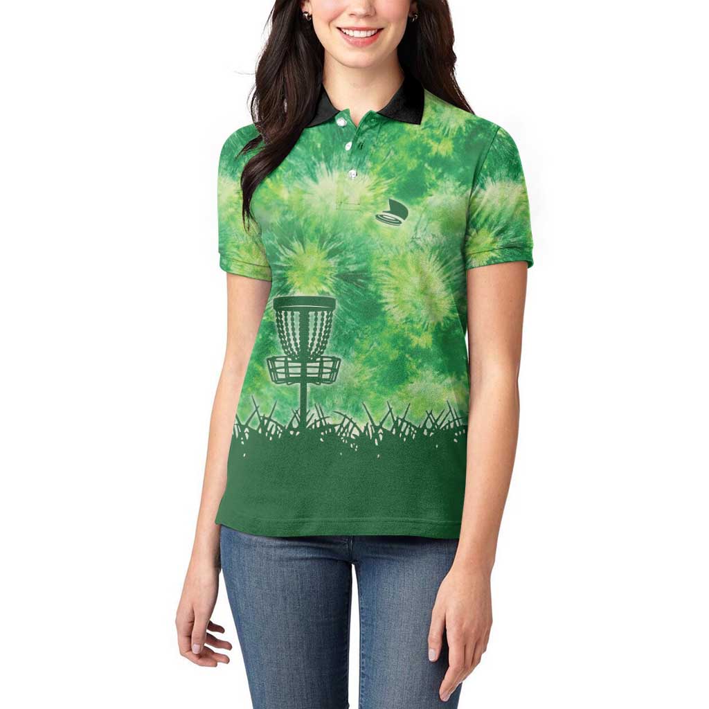 Custom Disc Golf Women Polo Shirt with Green Tie Dye Basket and Player Silhouette - Wonder Print Shop