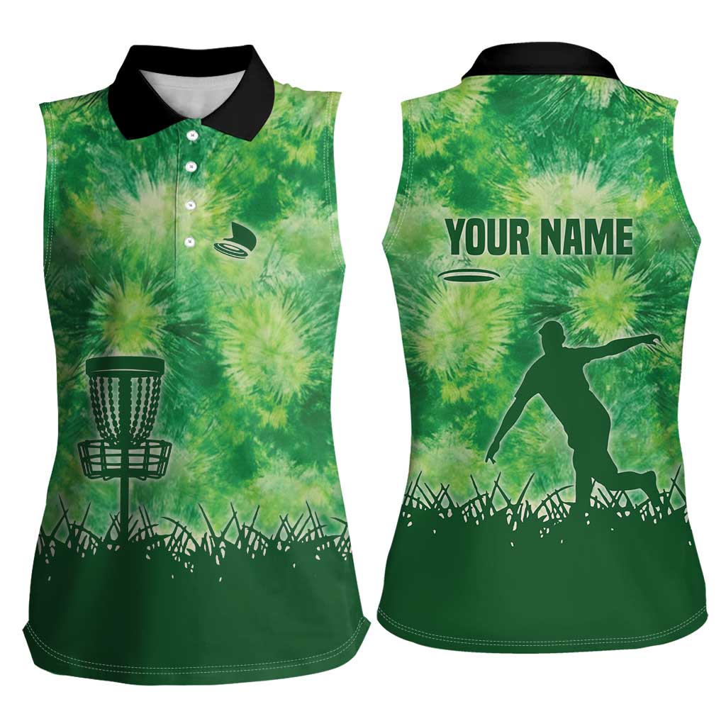 Custom Disc Golf Women Sleeveless Polo Shirt with Green Tie Dye Basket and Player Silhouette - Wonder Print Shop