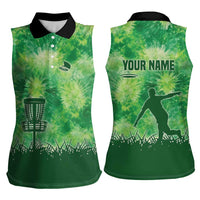 Custom Disc Golf Women Sleeveless Polo Shirt with Green Tie Dye Basket and Player Silhouette - Wonder Print Shop