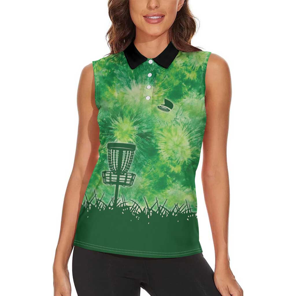 Custom Disc Golf Women Sleeveless Polo Shirt with Green Tie Dye Basket and Player Silhouette - Wonder Print Shop