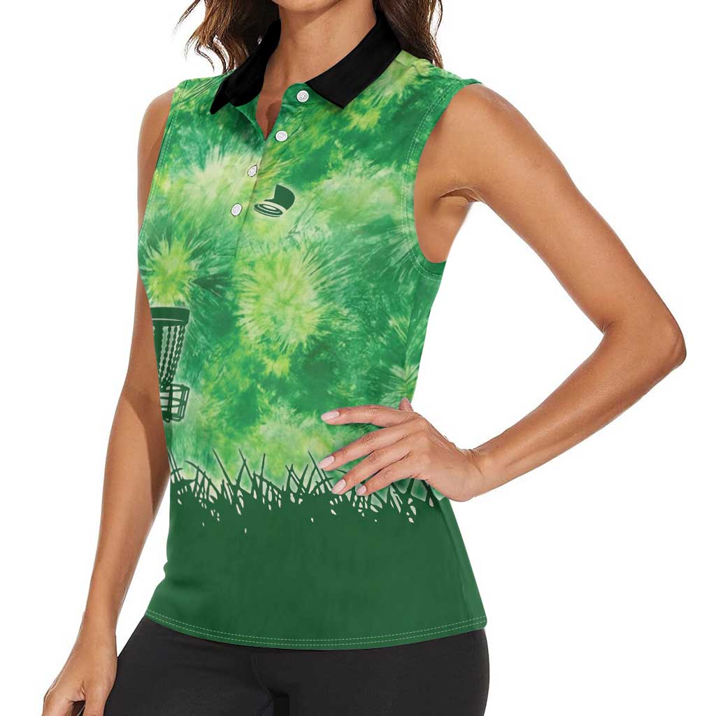 Custom Disc Golf Women Sleeveless Polo Shirt with Green Tie Dye Basket and Player Silhouette - Wonder Print Shop