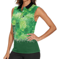 Custom Disc Golf Women Sleeveless Polo Shirt with Green Tie Dye Basket and Player Silhouette - Wonder Print Shop