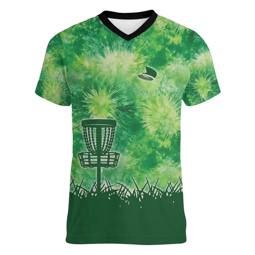 Custom Disc Golf Women V-Neck T-Shirt with Green Tie Dye Basket and Player Silhouette - Wonder Print Shop