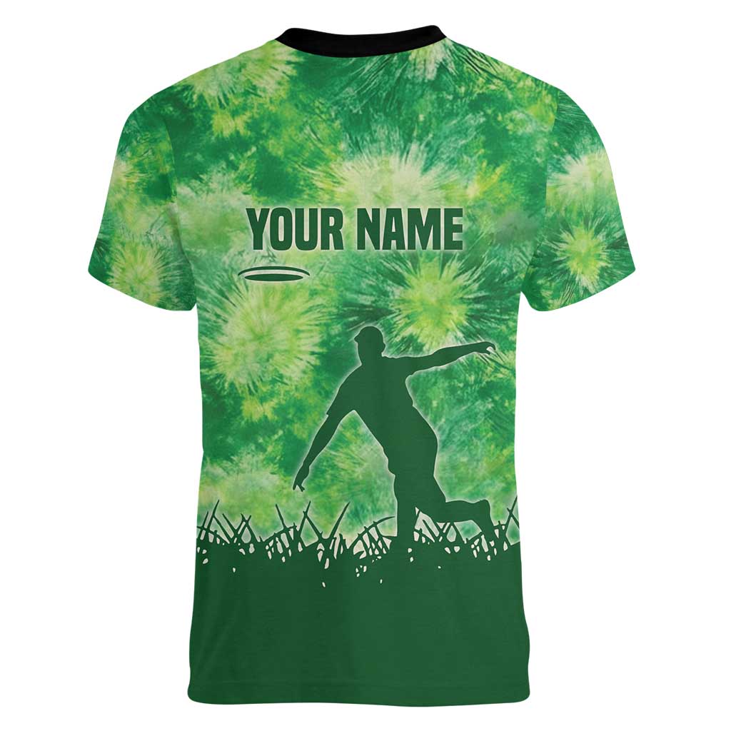 Custom Disc Golf Women V-Neck T-Shirt with Green Tie Dye Basket and Player Silhouette - Wonder Print Shop