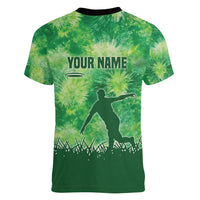 Custom Disc Golf Women V-Neck T-Shirt with Green Tie Dye Basket and Player Silhouette - Wonder Print Shop