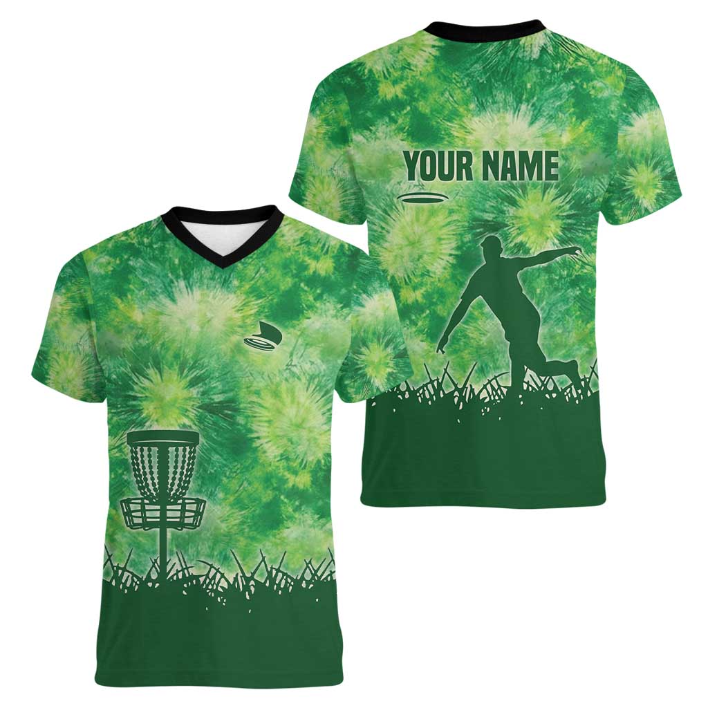 Custom Disc Golf Women V-Neck T-Shirt with Green Tie Dye Basket and Player Silhouette - Wonder Print Shop