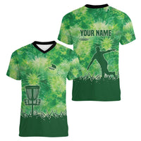Custom Disc Golf Women V-Neck T-Shirt with Green Tie Dye Basket and Player Silhouette - Wonder Print Shop