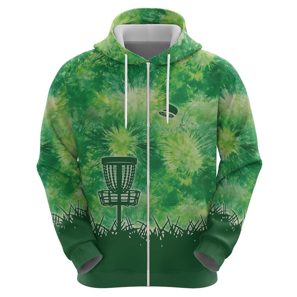Custom Disc Golf Zip Hoodie with Green Tie Dye Basket and Player Silhouette - Wonder Print Shop