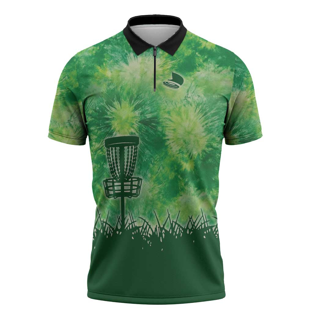 Custom Disc Golf Zipper Polo Shirt with Green Tie Dye Basket and Player Silhouette - Wonder Print Shop