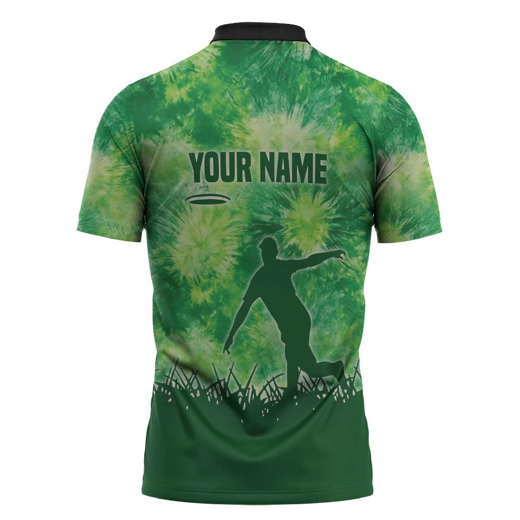 Custom Disc Golf Zipper Polo Shirt with Green Tie Dye Basket and Player Silhouette - Wonder Print Shop