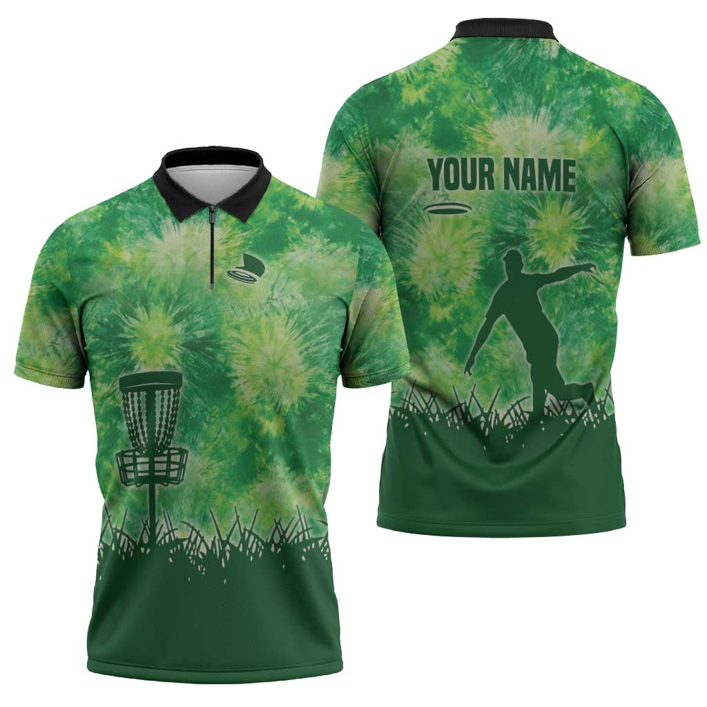 Custom Disc Golf Zipper Polo Shirt with Green Tie Dye Basket and Player Silhouette - Wonder Print Shop