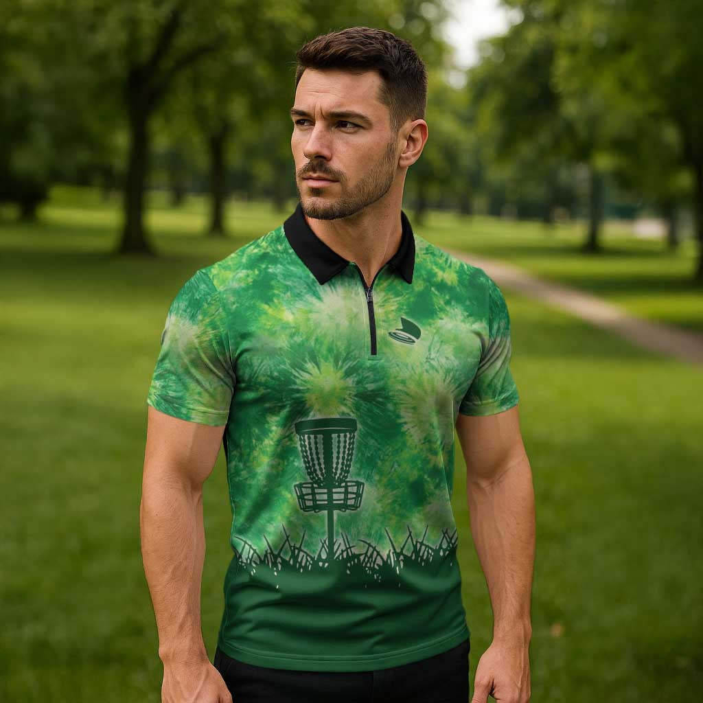 Custom Disc Golf Zipper Polo Shirt with Green Tie Dye Basket and Player Silhouette - Wonder Print Shop