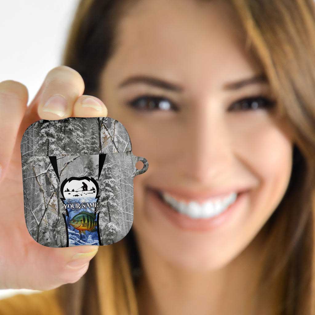 Custom Bluegill Ice Fishing Winter Camo AirPods Case with Snowy Forest Background Colorful Fish - Wonder Print Shop