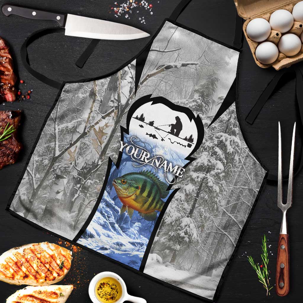 Custom Bluegill Ice Fishing Winter Camo Apron with Snowy Forest Background Colorful Fish - Wonder Print Shop