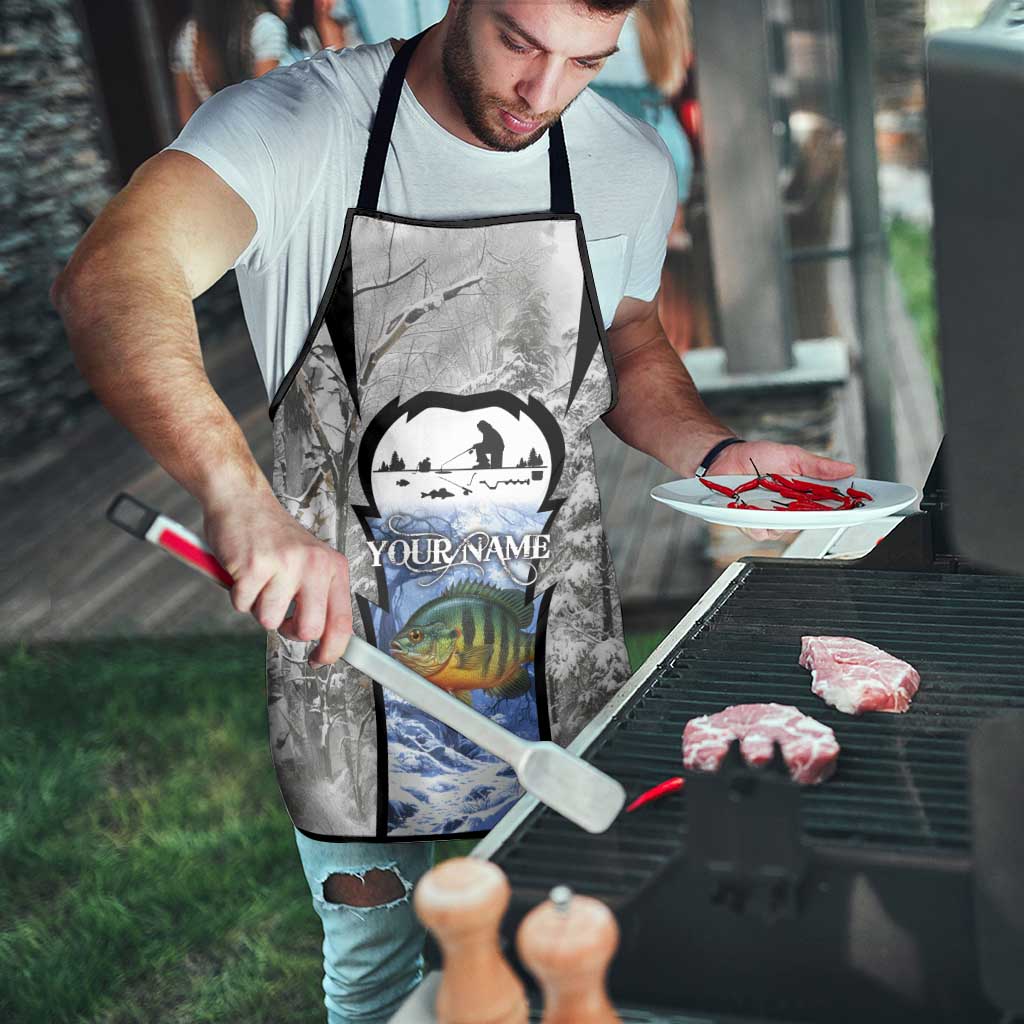 Custom Bluegill Ice Fishing Winter Camo Apron with Snowy Forest Background Colorful Fish - Wonder Print Shop