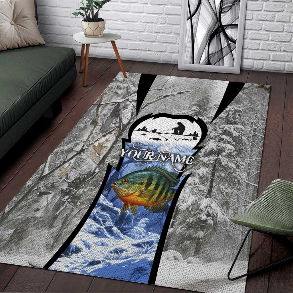 Custom Bluegill Ice Fishing Winter Camo Area Rug with Snowy Forest Background Colorful Fish - Wonder Print Shop
