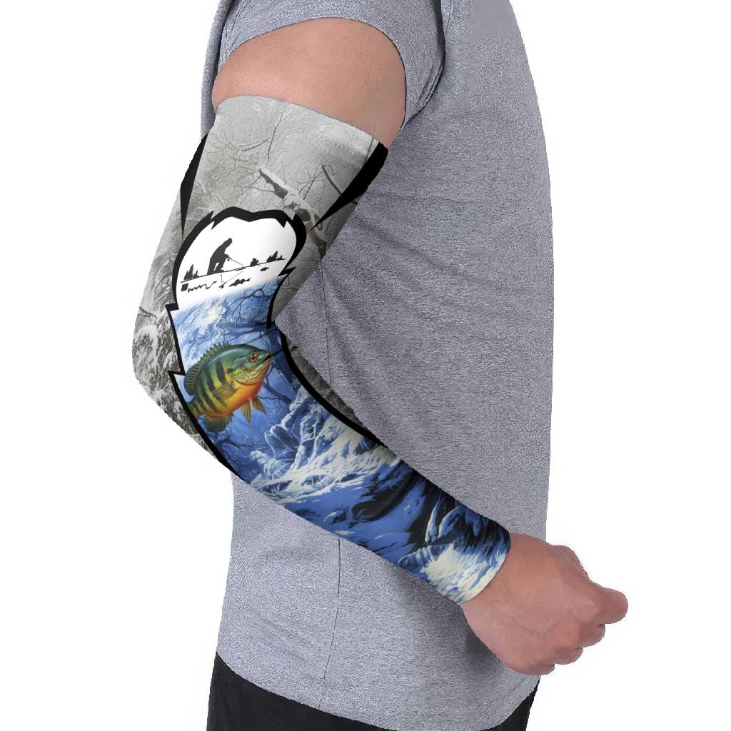 Custom Bluegill Ice Fishing Winter Camo Arm Sleeves with Snowy Forest Background Colorful Fish - Wonder Print Shop