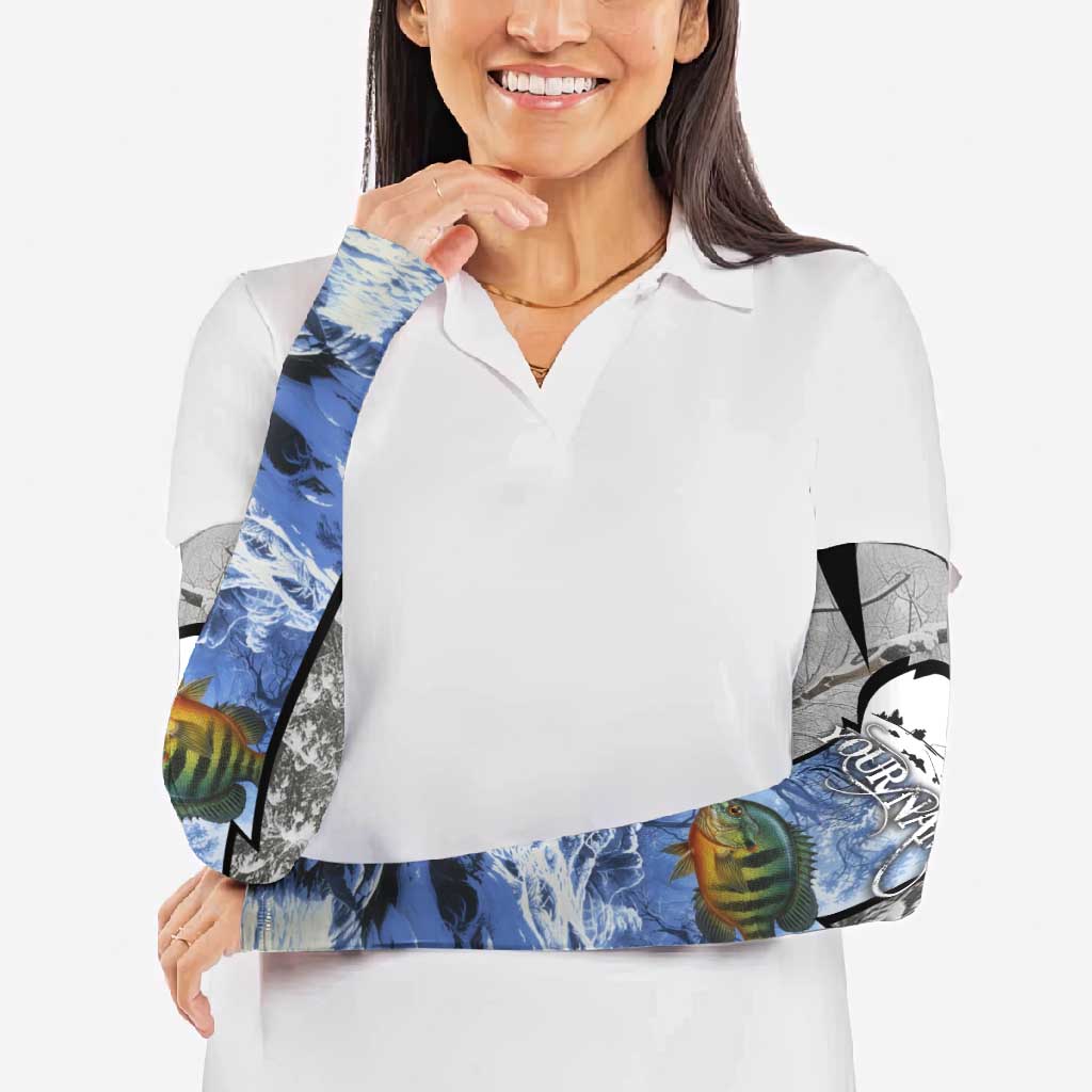 Custom Bluegill Ice Fishing Winter Camo Arm Sleeves with Snowy Forest Background Colorful Fish - Wonder Print Shop
