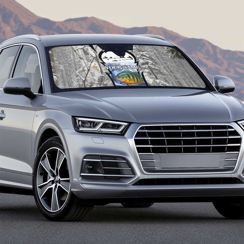 Custom Bluegill Ice Fishing Winter Camo Auto Sun Shade with Snowy Forest Background Colorful Fish - Wonder Print Shop