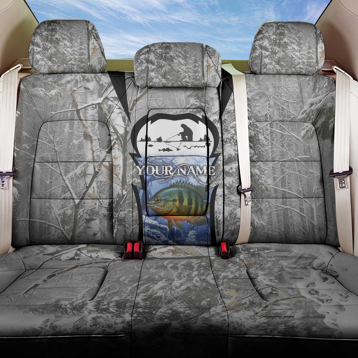 Custom Bluegill Ice Fishing Winter Camo Back Car Seat Cover with Snowy Forest Background Colorful Fish - Wonder Print Shop