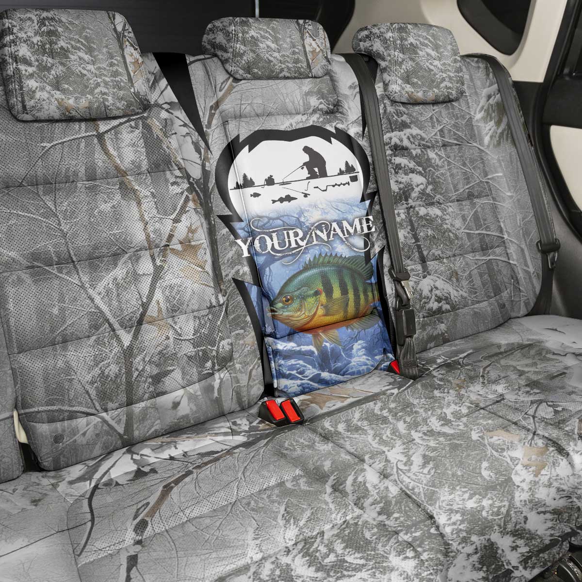 Custom Bluegill Ice Fishing Winter Camo Back Car Seat Cover with Snowy Forest Background Colorful Fish - Wonder Print Shop