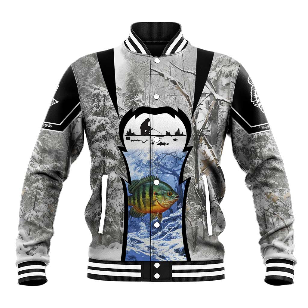 Custom Bluegill Ice Fishing Winter Camo Baseball Jacket with Snowy Forest Background Colorful Fish - Wonder Print Shop