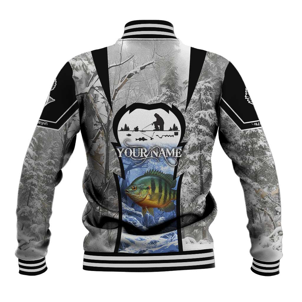 Custom Bluegill Ice Fishing Winter Camo Baseball Jacket with Snowy Forest Background Colorful Fish - Wonder Print Shop