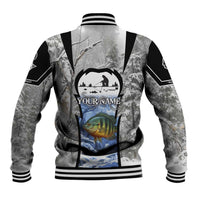 Custom Bluegill Ice Fishing Winter Camo Baseball Jacket with Snowy Forest Background Colorful Fish - Wonder Print Shop