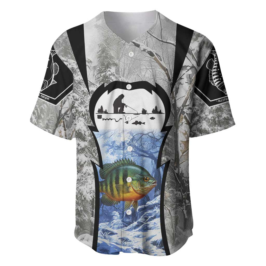 Custom Bluegill Ice Fishing Winter Camo Baseball Jersey with Snowy Forest Background Colorful Fish - Wonder Print Shop