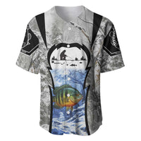 Custom Bluegill Ice Fishing Winter Camo Baseball Jersey with Snowy Forest Background Colorful Fish - Wonder Print Shop