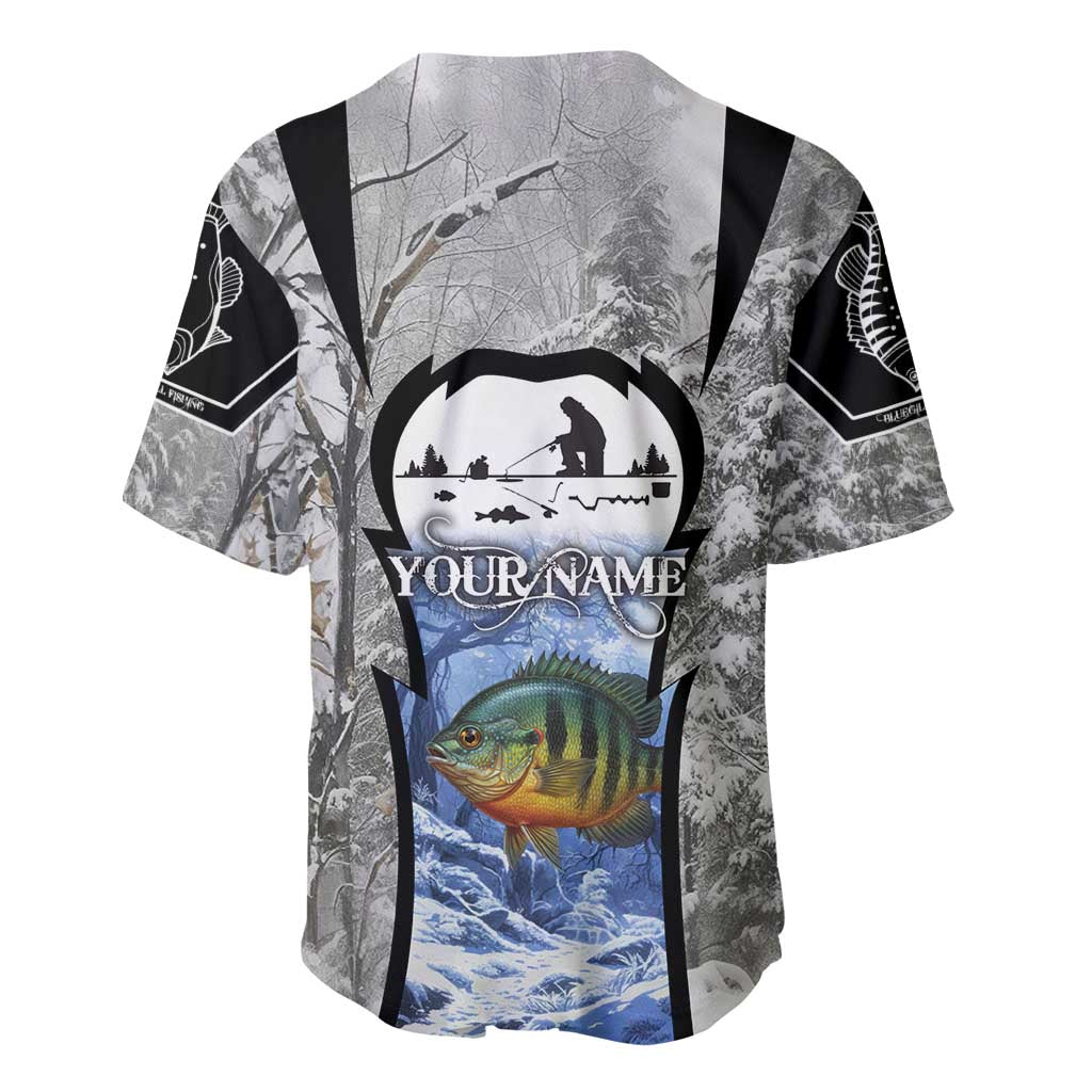 Custom Bluegill Ice Fishing Winter Camo Baseball Jersey with Snowy Forest Background Colorful Fish - Wonder Print Shop