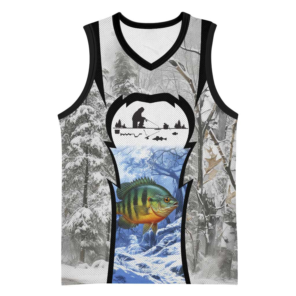 Custom Bluegill Ice Fishing Winter Camo Basketball Jersey with Snowy Forest Background Colorful Fish - Wonder Print Shop