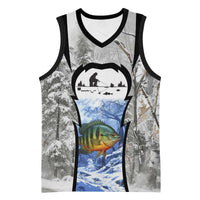 Custom Bluegill Ice Fishing Winter Camo Basketball Jersey with Snowy Forest Background Colorful Fish - Wonder Print Shop